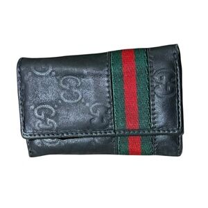 Gucci Black Embossed Leather Signature Green and Red Stripe Key Holder Wallet